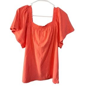 St Johns Bay Georgia Peach Smocked Square Neck Flutter Sleeve Cotton Top XL
